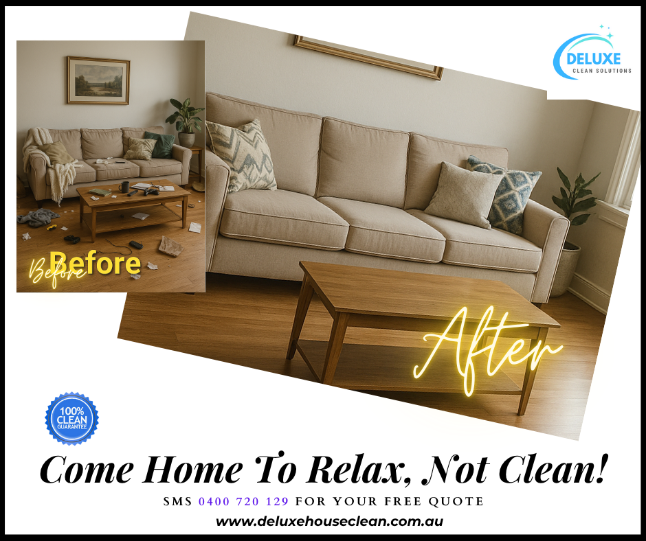 “Before-and-after of the same living room: left shows a messy coffee table with scattered items and an unkempt sofa; right shows the identical space with a clean wooden floor, organized coffee table and neatly fluffed cushion