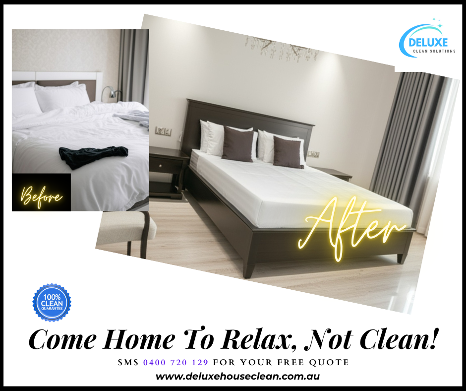 Before-and-after view of a bedroom: on the left, an unmade bed with wrinkled white linens and a towel atop, and on the right, a pristine, neatly made bed with crisp white sheets in a bright, clutter-free room.