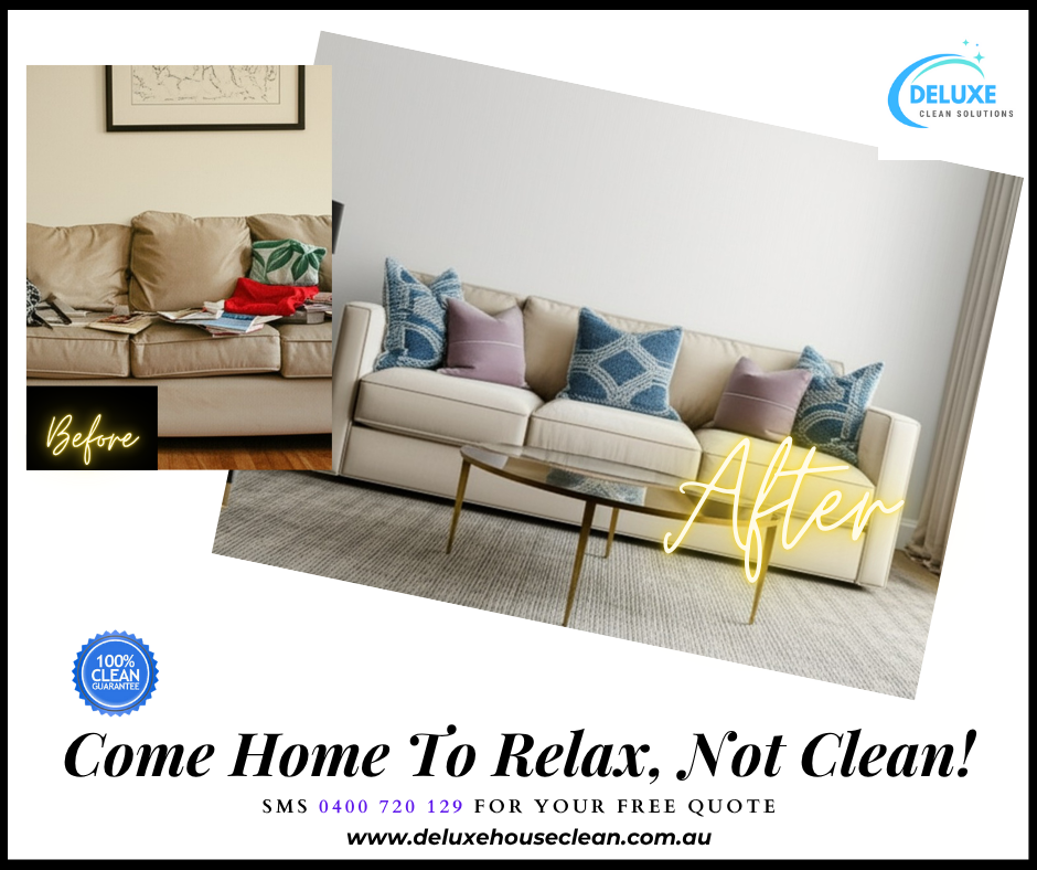 “Before and after of a beige couch: left image shows a cluttered, stained sofa with scattered items; right image shows the same sofa immaculately cleaned, with neatly arranged cushions and vibrant decorative pillows.”