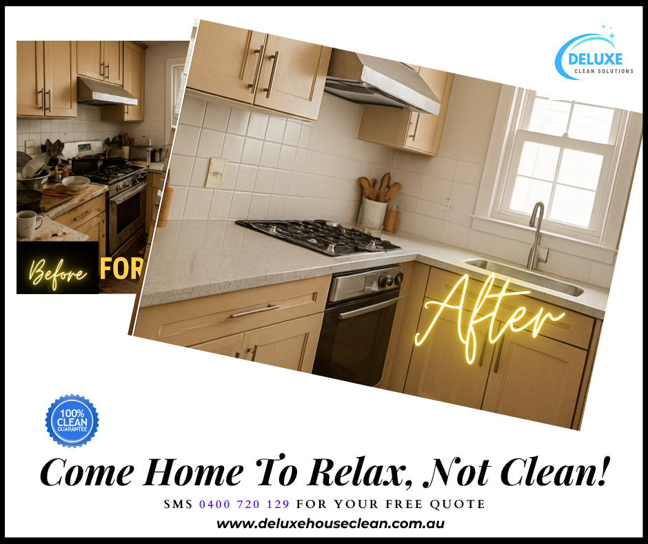 “Before-and-after view of the same kitchen: left side shows a cluttered, greasy stovetop, dirty countertops and stained floor; right side shows the identical kitchen immaculately clean with polished countertops, a sparkling stovetop and fresh, tidy surfaces.”