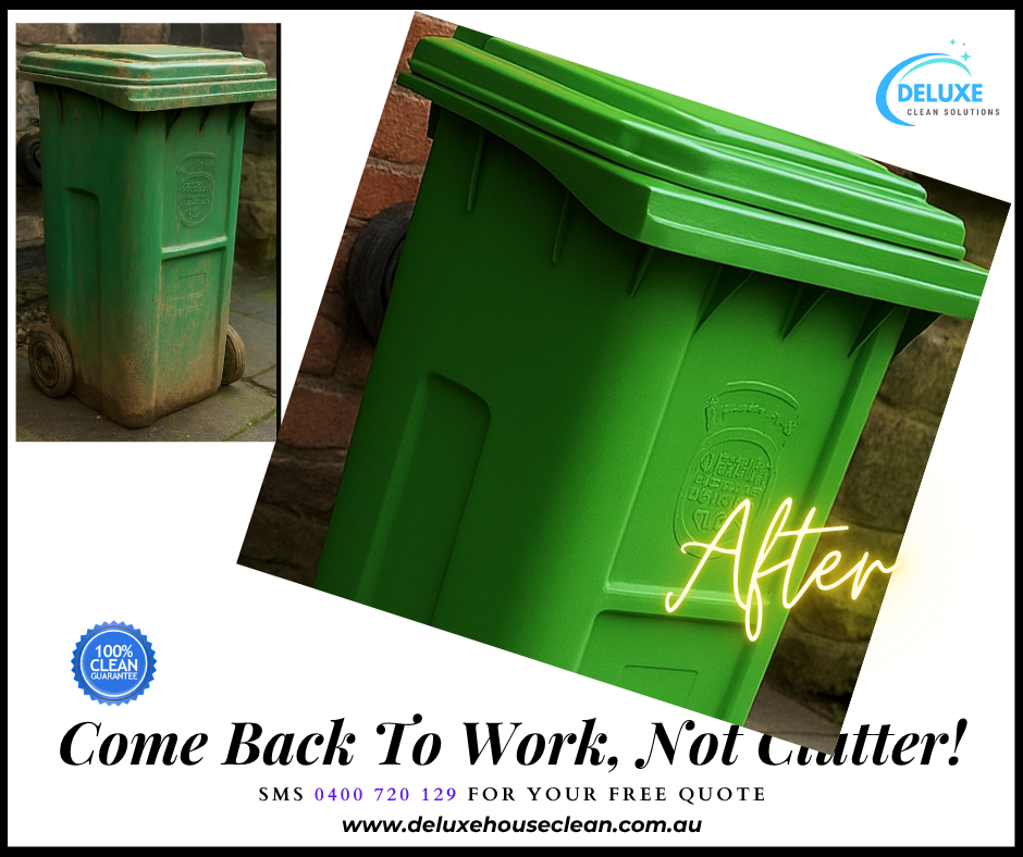 Side-by-side before-and-after of the same wheelie bin interior in Brisbane: on the left, a dirty bin bottom coated in grime and debris; on the right, the identical bin completely sanitized and spotless—showcasing affordable bin cleaning in Brisbane by Deluxe House Clean.