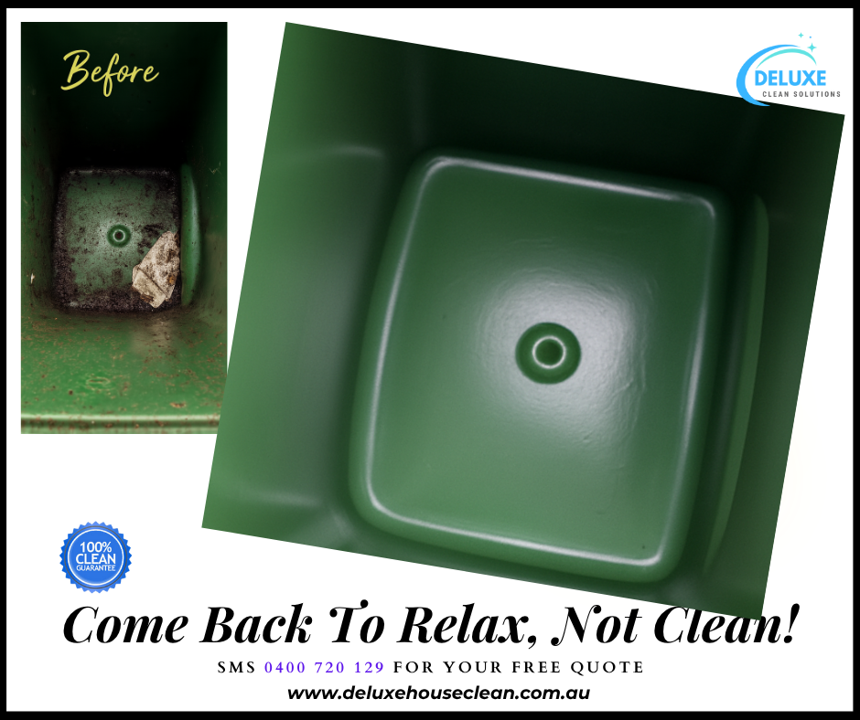 Side-by-side before-and-after of the same wheelie bin interior in Brisbane: on the left, a dirty bin bottom coated in grime and debris; on the right, the identical bin completely sanitized and spotless—showcasing affordable bin cleaning in Brisbane by Deluxe House Clean.