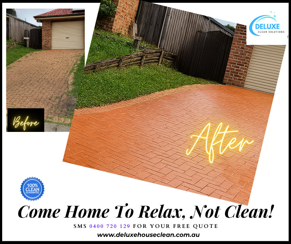 Side-by-side before-and-after of a brick driveway in Brisbane: on the left, the driveway is dull, stained and overgrown with moss; on the right, the same driveway is fully cleaned, revealing vibrant, freshly washed bricks—showcasing Deluxe House Clean’s affordable driveway cleaning service.