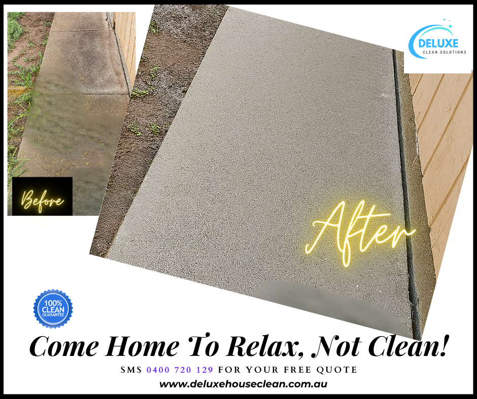 Side-by-side before and after of a concrete driveway edge in Brisbane: on the left, the surface is stained and overgrown with algae; on the right, the identical area is fully pressure-cleaned, bright and pristine—showcasing Deluxe House Clean’s affordable driveway cleaning service