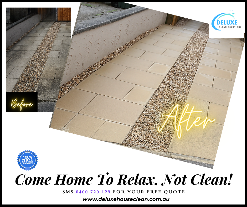 Side-by-side before-and-after of the same paved driveway in Brisbane: on the left, pavers are darkened by dirt and algae; on the right, the identical pathway and gravel edging appear freshly cleaned, bright, and immaculate—demonstrating Deluxe House Clean’s affordable driveway cleaning service.