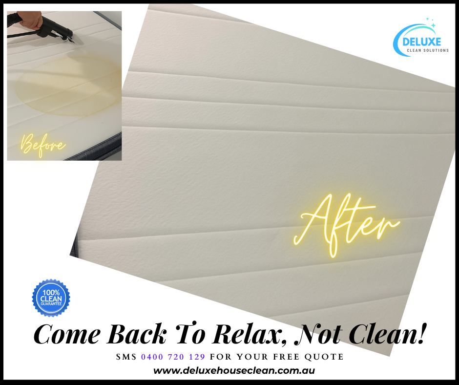 “White mattress with yellow stain shown during cleaning process on the left, and the same mattress completely clean and spotless on the right.”