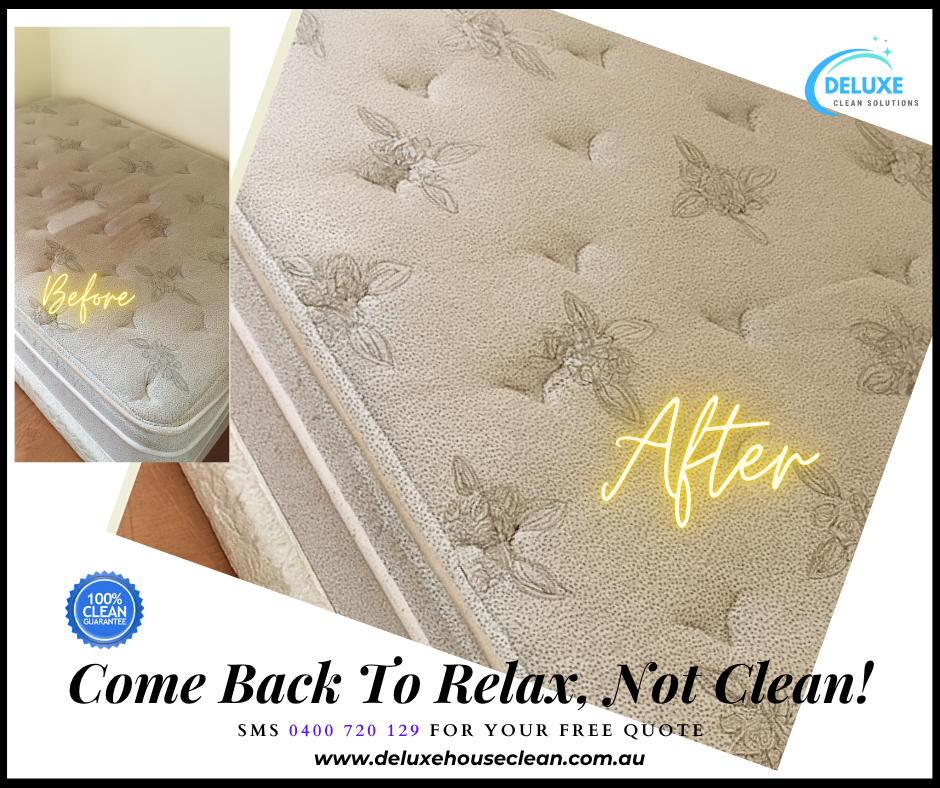 “Side-by-side comparison of a stained mattress before and after professional deep cleaning, showcasing visible stain removal and restored fabric brightness.”
