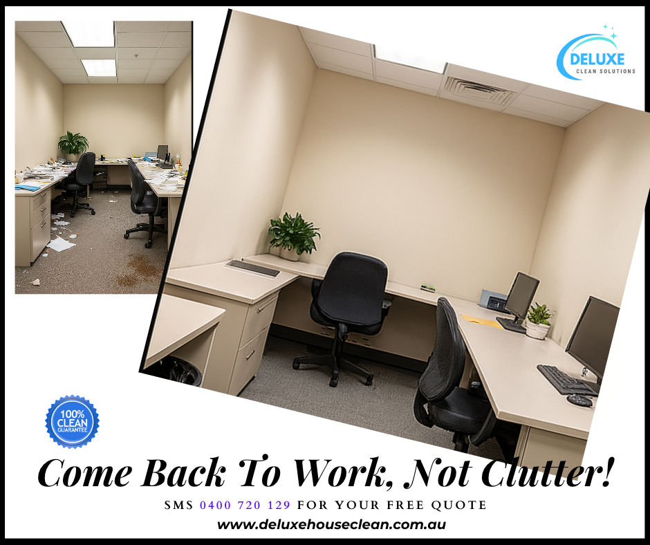 Split-screen before-and-after of the same office room in Brisbane: left shows a cluttered desk with papers, coffee stains and cables; right shows the identical workspace spotless and organized—demonstrating Affordable Office cleaning in Brisbane.