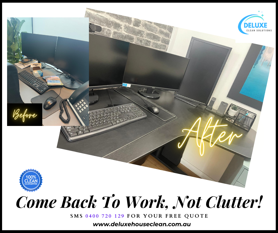 Side-by-side before-and-after of the same office desk in Brisbane: on the left a cluttered workspace with papers, coffee cups and dust; on the right a pristine, organized desk—showcasing Affordable Office cleaning in Brisbane by Deluxe House Clean.